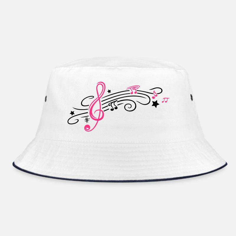 Musik, Notenschlüssel mit Notenblatt und Noten - Bucket Hat - Weiß/Navy