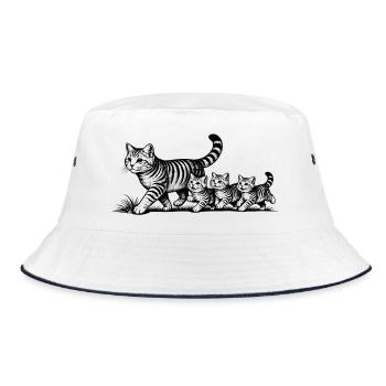 Katzenmutter mit 3 Katzenbabys schwarz - Bucket Hat - Weiß/Navy - Vorne