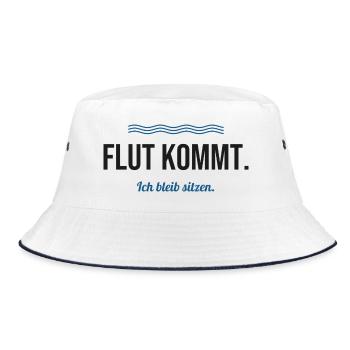 Flut kommt. Ich bleib sitzen. – Nordsee Spruch - Bucket Hat - Weiß/Navy - Vorne