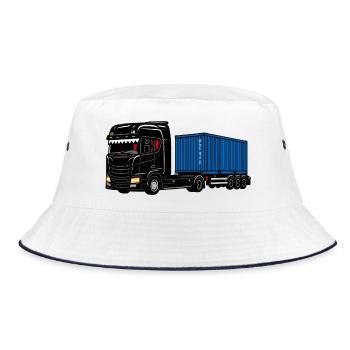 Container-Trucker auf Achse mit der Büchse. - Bucket Hat - Weiß/Navy - Vorne