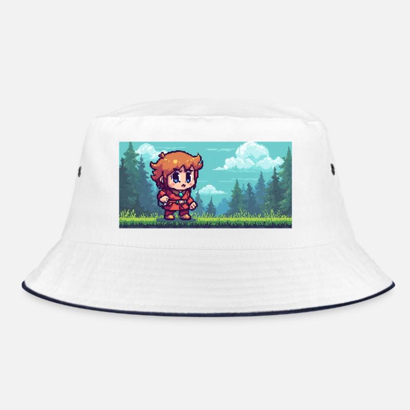 Pixelheld im Waldabenteuer Gaming Szene - Bucket Hat - Weiß/Navy