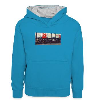 Bicycle convoy at the railway fence - Kids’ Contrast Hoodie - peacock blue/heather grey - Front