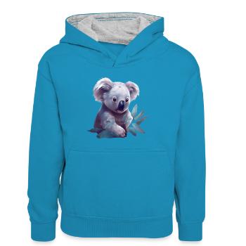 Cute koala with eucalyptus leaf - Kids’ Contrast Hoodie - peacock blue/heather grey - Front