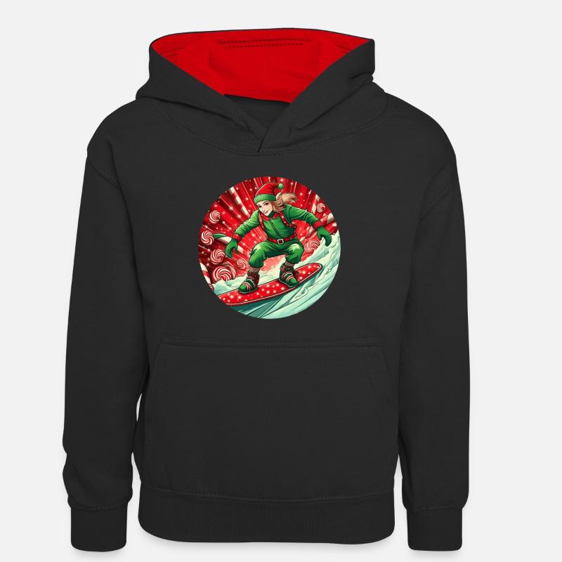 Elfe de Noël Snowboard - Sweat à capuche contrasté Enfant - noir/rouge