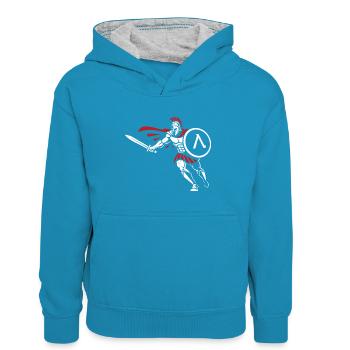 Spartan Attack Sword Shield Spartan-Maskottchen - Kinder Kontrast-Hoodie - Pfauenblau/Grau meliert - Vorne
