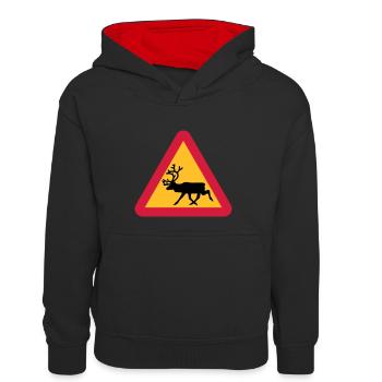 Rentier Warnschild - Kinder Kontrast-Hoodie - Schwarz/Rot - Vorne