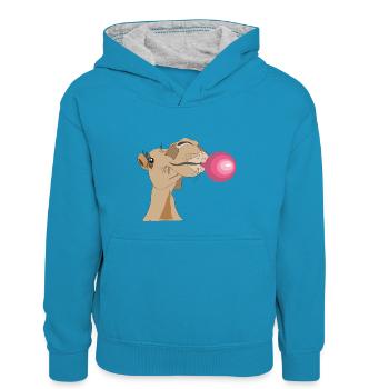 Kameldame mit Kaugummi - Kinder Kontrast-Hoodie - Pfauenblau/Grau meliert - Vorne