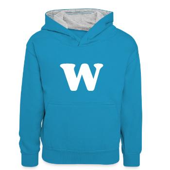 Buchstabe w - Kinder Kontrast-Hoodie - Pfauenblau/Grau meliert - Vorne