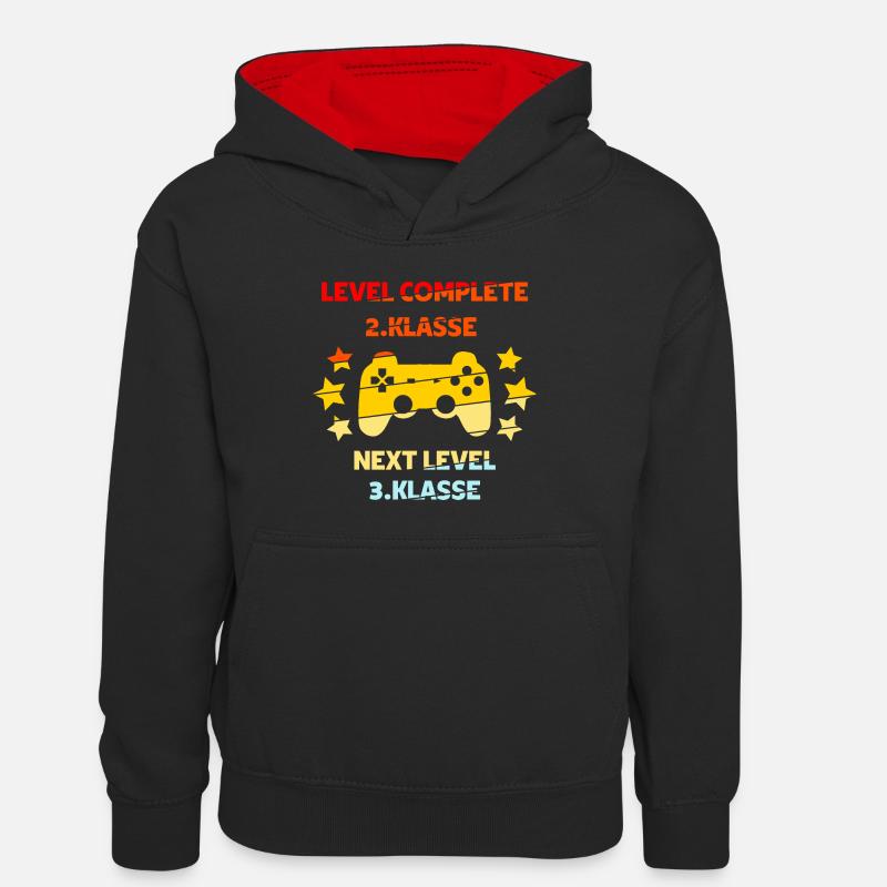 Level complete 2. Klasse - Kinder Kontrast-Hoodie - Schwarz/Rot