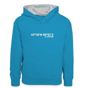 Coordonnées du Havre - Sweat à capuche contrasté Enfant - bleu paon/gris chiné - Devant