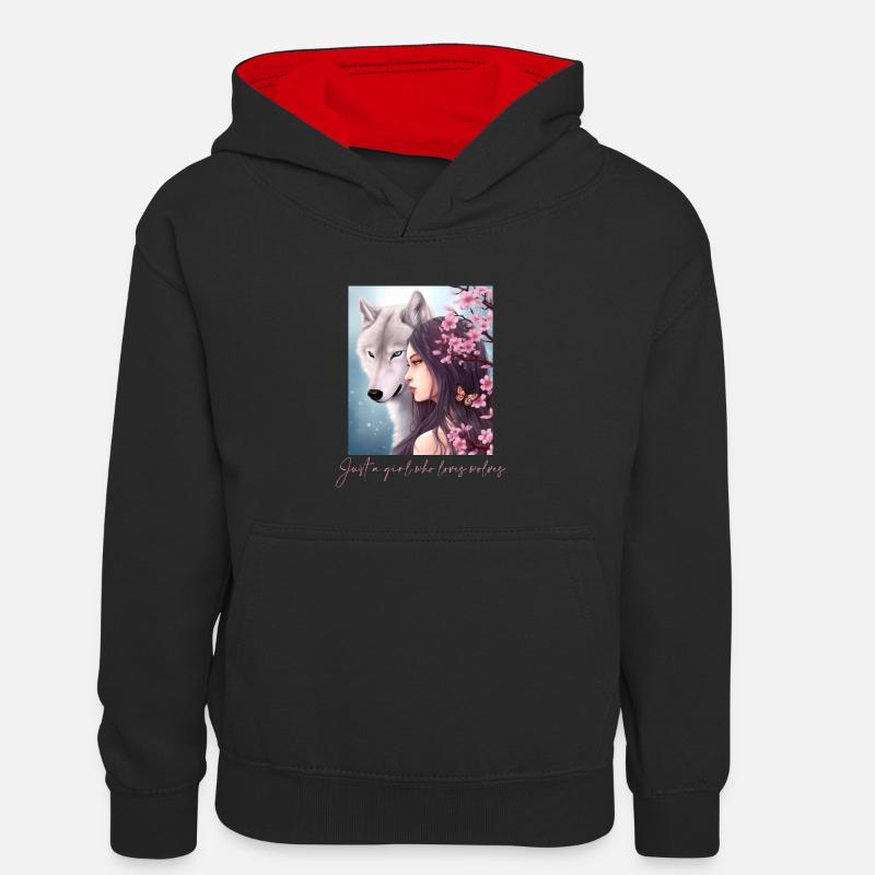 Nur ein Mädchen, das Wölfe liebt Wolf Kirschblüte - Kinder Kontrast-Hoodie - Schwarz/Rot
