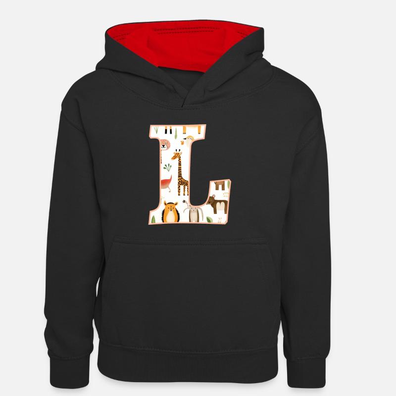 Buchstabe L, Monogramm, Tiermuster - Kinder Kontrast-Hoodie - Schwarz/Rot