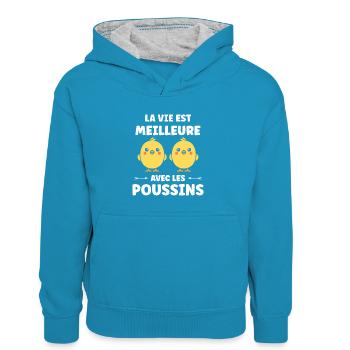 Humour bébé poussin - Sweat à capuche contrasté Enfant - bleu paon/gris chiné - Devant