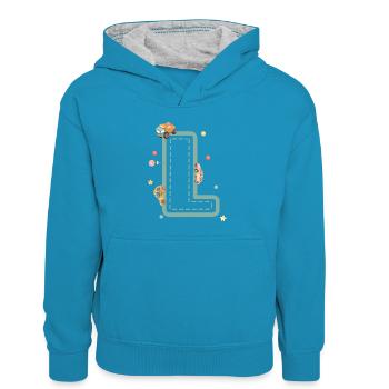 Buchstabe l Fahrzeug - personalisiertes Kindergeschenk - Kinder Kontrast-Hoodie - Pfauenblau/Grau meliert - Vorne