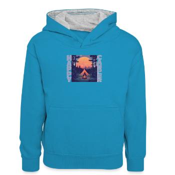 Campeur heureux - Sweat à capuche contrasté Enfant - bleu paon/gris chiné - Devant