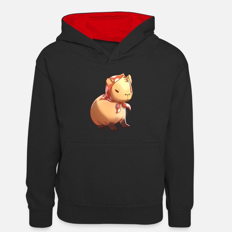 Babbushkapybara Babushka Capybara - Kinder Kontrast-Hoodie - Schwarz/Rot