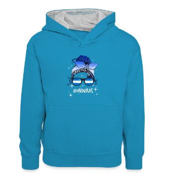 Honduras - Kinder Kontrast-Hoodie - Pfauenblau/Grau meliert - Vorne