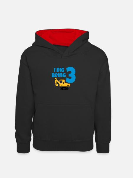 Excavator birthday 3 years - Kids’ Contrast Hoodie - black/red