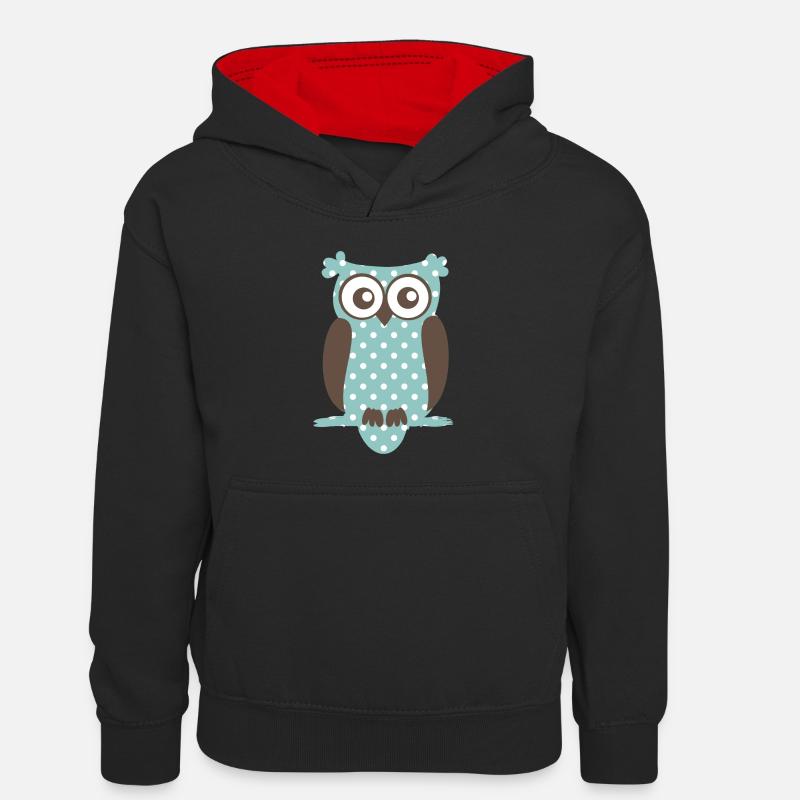 Eule - Kinder Kontrast-Hoodie - Schwarz/Rot