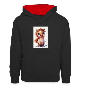 Pferd Pferde Reiten Pferdereiten Sprungreiten - Kinder Kontrast-Hoodie - Schwarz/Rot - Vorne
