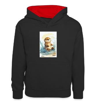 Aquarelle de loutre de mer - Sweat à capuche contrasté Enfant - noir/rouge - Devant