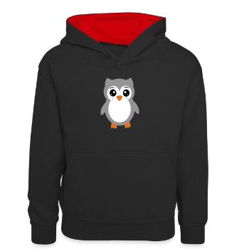 graue Eule - Kinder Kontrast-Hoodie - Schwarz/Rot - Vorne