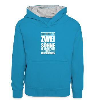 2 Söhne Familie Mama von 2 Söhnen Geschenk - Kinder Kontrast-Hoodie - Pfauenblau/Grau meliert - Vorne