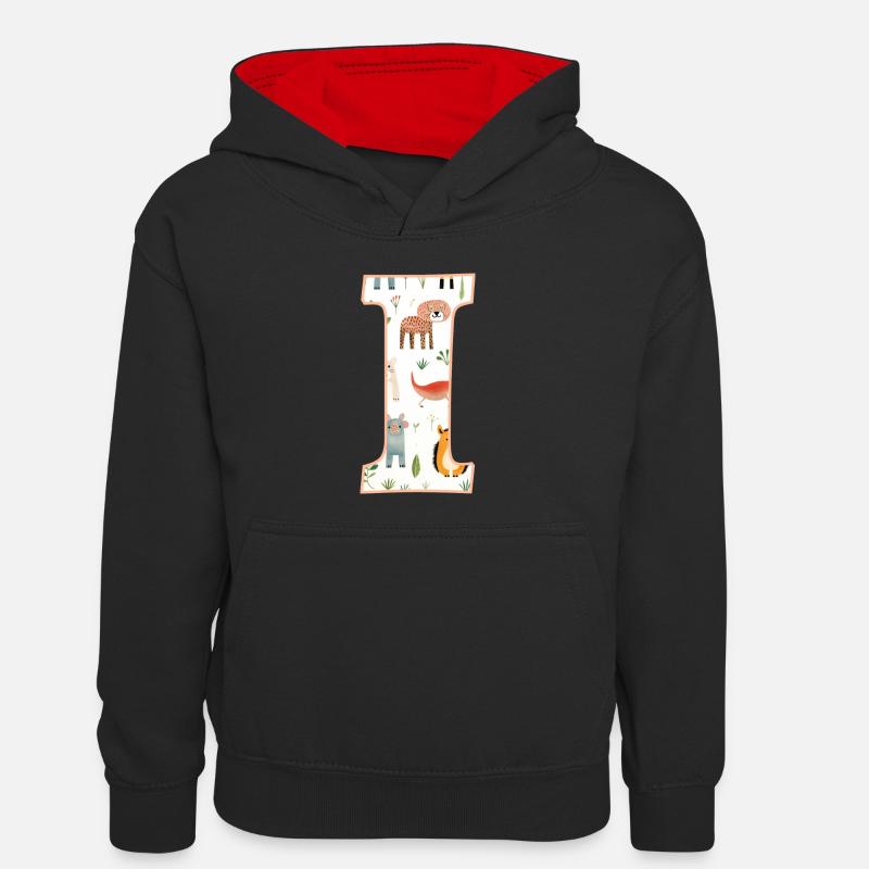 Buchstabe I, Monogramm, Tiermuster - Kinder Kontrast-Hoodie - Schwarz/Rot