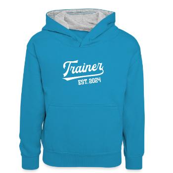 Trainer 2024 Trainerschein Teamtrainer Lizenz - Kinder Kontrast-Hoodie - Pfauenblau/Grau meliert - Vorne