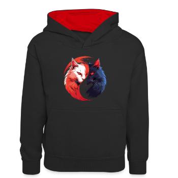 Yin Yang Katzen Katzenkunst für einen - Kinder Kontrast-Hoodie - Schwarz/Rot - Vorne