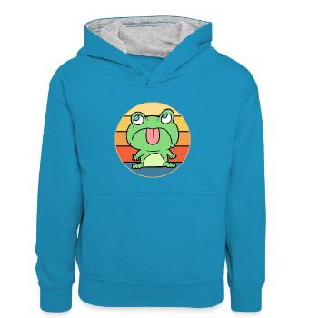 Niedlicher Frosch Vintage Retro Sonnenuntergang Tierliebhaber - Kinder Kontrast-Hoodie - Pfauenblau/Grau meliert - Vorne