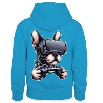 Hunde, Französische Bulldogge Videospiel VR-Brille - Kinder Kontrast-Hoodie - Pfauenblau/Grau meliert - Hinten