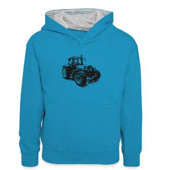 Alter Deutz Traktor - Kinder Kontrast-Hoodie - Pfauenblau/Grau meliert - Vorne