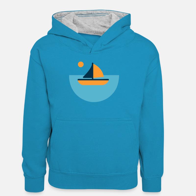 Voilier - Sweat à capuche contrasté Enfant - bleu paon/gris chiné