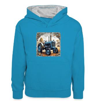 Tractor / Agriculture / Farmer / Field Work - Kids’ Contrast Hoodie - peacock blue/heather grey - Front