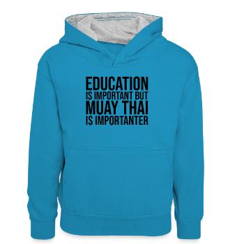 Muay Thai - Kinder Kontrast-Hoodie - Pfauenblau/Grau meliert - Vorne