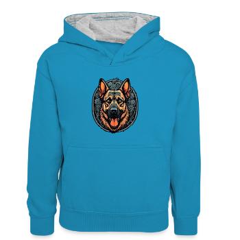 Chien / Animal / Animal de compagnie / Poilu / Berger allemand - Sweat à capuche contrasté Enfant - bleu paon/gris chiné - Devant