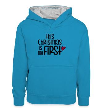 Premier Noël - Sweat à capuche contrasté Enfant - bleu paon/gris chiné - Devant