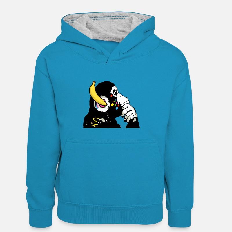 DJ chimpanzé , Casque banane - Sweat à capuche contrasté Enfant - bleu paon/gris chiné