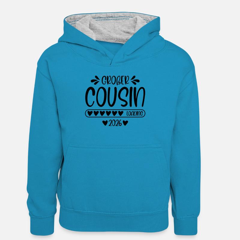 Großer Cousin 2026 loading - Kinder Kontrast-Hoodie - Pfauenblau/Grau meliert