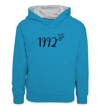 1992 - Kinder Kontrast-Hoodie - Pfauenblau/Grau meliert - Vorne