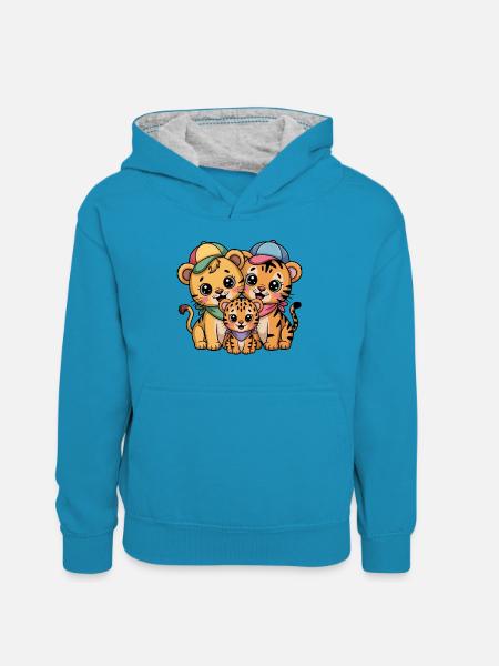 Süße Löwe Tiger Leopard Freunde - Kinder Kontrast-Hoodie - Pfauenblau/Grau meliert