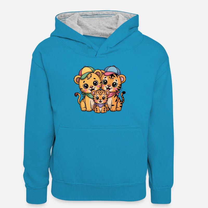 Amis Lion Tigre Léopard mignons - Sweat à capuche contrasté Enfant - bleu paon/gris chiné