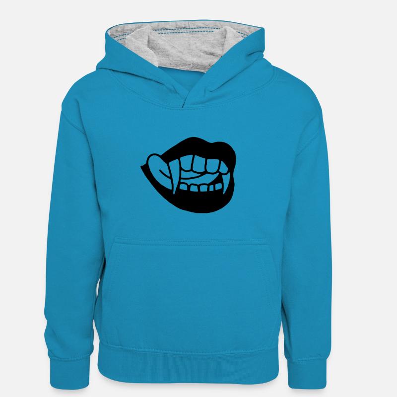 Bouche de crocs de vampire - Sweat à capuche contrasté Enfant - bleu paon/gris chiné
