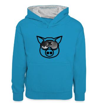 Pistensau - Kinder Kontrast-Hoodie - Pfauenblau/Grau meliert - Vorne