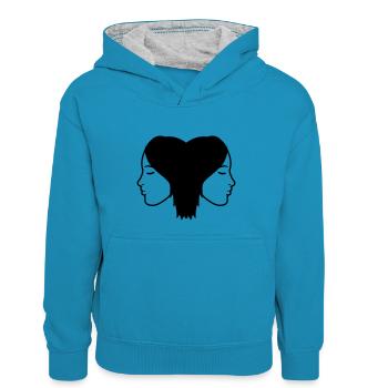 Couple 2 women team friends girlfriend sister head - Kids’ Contrast Hoodie - peacock blue/heather grey - Front