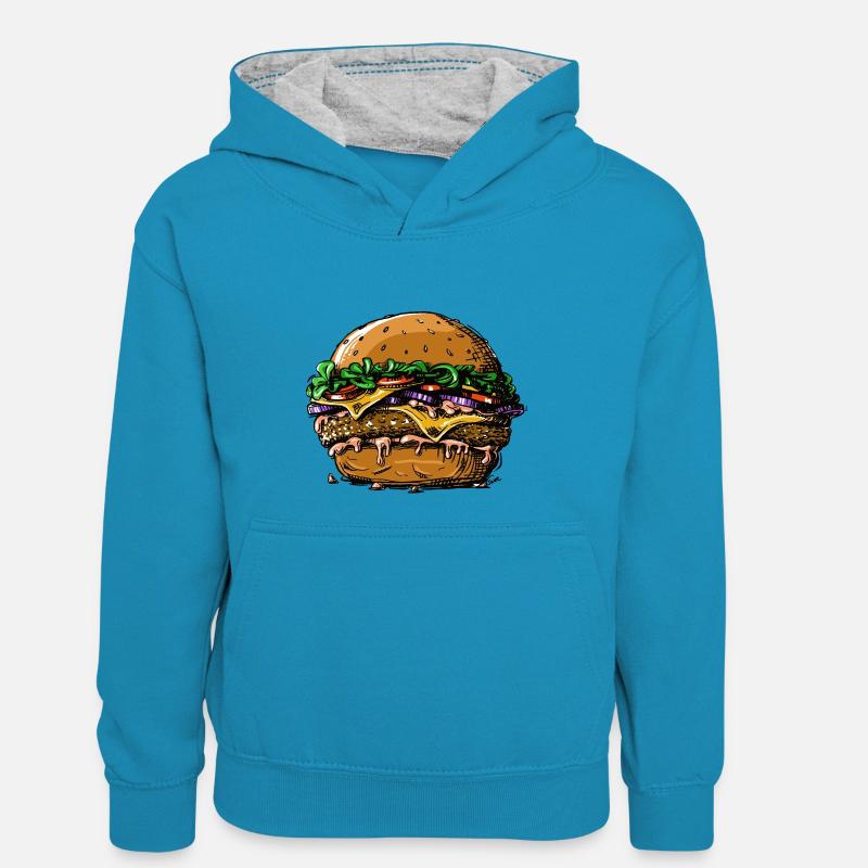 burger - Sweat à capuche contrasté Enfant - bleu paon/gris chiné