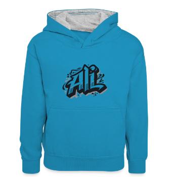 Ali Last name First name Graffiti - Kids’ Contrast Hoodie - peacock blue/heather grey - Front