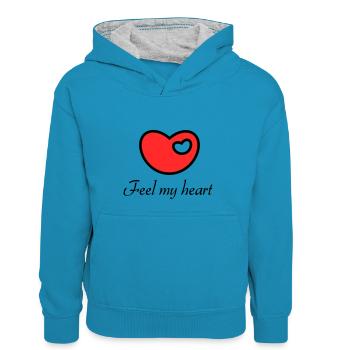 Sens mon cœur - Sweat à capuche contrasté Enfant - bleu paon/gris chiné - Devant