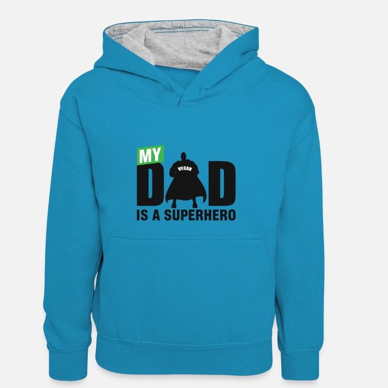 Mon père est un super-héros - Sweat à capuche contrasté Enfant - bleu paon/gris chiné